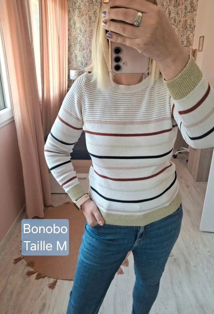 Haut/pull femme rayé blanc/doré/rose/bordeaux/noir Bonobo Style marin chic - Taille M